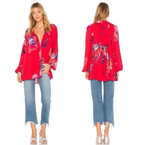 Free People Revolve Meadow Lark‎ Blouse Red Fuchsia Pink Size XS Floral Bohemian - Picture 1 of 11